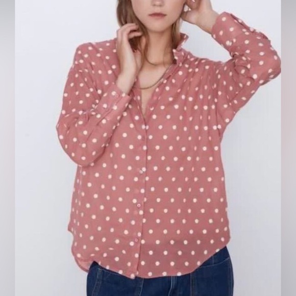ZARA Embroidered Big Polka Dot Button-Down Top Pink White Lightweight Blouse XS - Picture 1 of 7